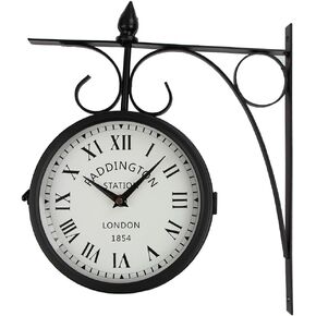 Wrought Iron Antique-Look Brown Round Wall Hanging Double Sided Two Faces Retro Station Clock Round Chandelier Wall Hanging Clock with Scroll Wall Side Mount Home Décor Wall Clock (Black+White)
