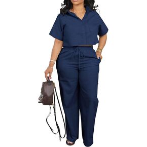 ThusFar Women Linen 2 Piece Outfits Short Sleeve Button Down Crop Top Drawstring Long Pants Suit Summer Work Lounge Set