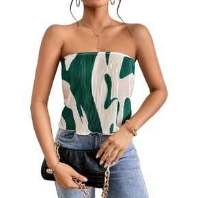 SOLY HUX Women's Graphic Print Tube Crop Tops Strapless Sleeveless Pleated Summer Top