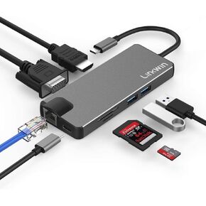 USB C Hub, Linkwin 8 in 1 USB C Adapter with Gigabit Ethernet Port, PD Type C Charging Port, 4K HDMI, VGA, SD TF Card Reader, 2 USB 3.0 Ports Compatible for MacBook, ChromeBook More