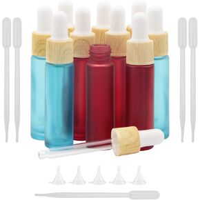 JIUWU 10 Pack Red Light Blue 10ml (0.3 Oz) Refillable Glass Dropper Bottle Essential Oils Vials Screw Cap Liquid Fragrance Perfume Bottles wiith 5pcs Funnels and Droppers