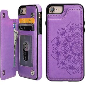 Vaburs Wallet Case for iPhone SE(2022)/SE(2020)/8/7 with Card Holder, Embossed Mandala Pattern Flower Premium PU Leather Double Magnetic Buttons Flip Shockproof Protective Case 4.7 inch (Blue)