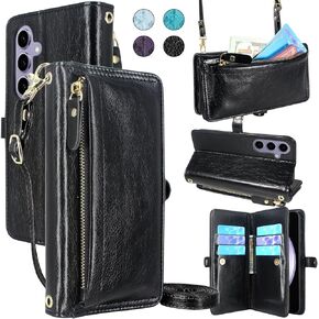 حافظة Lacass Crossbody لهاتف Galaxy S23FE، [حماية من سرقة البطاقات] حامل بطاقات بسحاب وغطاء جلدي قابل للطي وحزام معصم لهاتف Samsung Galaxy S23 FE 5G (أسود)
