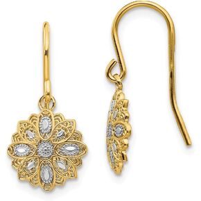 Solid 14k Yellow & White Two Tone Gold Polished Fancy Unique Dangle Earrings (19mm x 10mm)