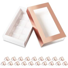 20 Rose Gold Truffle Box, Chocolate Box Packaging, Candy Boxes with 8-Piece Plastics Tray (Tray Size with 5.75x2.75 Inches), Pull Out Packing with Clear Window Sleeves
