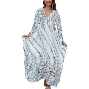 Women’s Floral Print 3/4 Sleeve V-Neck Kaftan Dress - Plus Size Beach Bathing Suit Swim Cover-Up