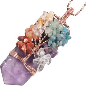 Nupuyai Handmade 7 Chakra Crystal Stone Pendant Necklace for Women, Healing Tumbled Stones Quartz Crystal Point Wand Pendant with Chain
