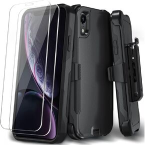 for iPhone XR Phone case, [Shockproof] [Belt Clip Kickstand] [2X Tempered Glass Screen Protector] Heavy Duty Cover for iPhone XR 6.1 inch (Orange/Black)