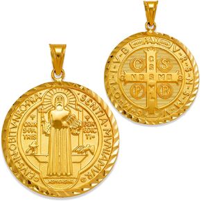 JEWELHEART 14K Real Gold Saint Benedict Medals 14mm 18mm 20mm 25mm Diamond Cut San Benito Pendant Charm For Men Women Boys Girls Religious Medallion Two Sided