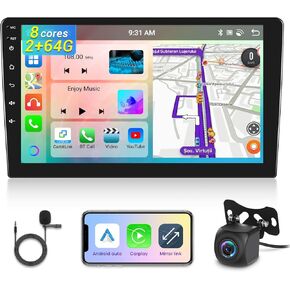 [8 Core 2+64G] Double Din Android Car Stereo with Wireless Carplay and Android Auto - 10.1 Inch IPS 1280 * 720 Touch Screen Car Radio - DSP 32 EQ/GPS/WiFi / 59 UI Themes + AHD Backup Camera