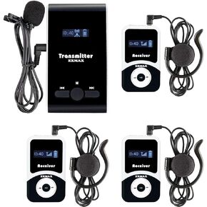 EXMAX EX-100 Wireless Tour Guide Monitoring Acoustic Audio Voice Transmission System Microphone Earphone for Church Translation Simultaneous Interpreting Teaching Worship (1 Transmitter 3 Receivers)