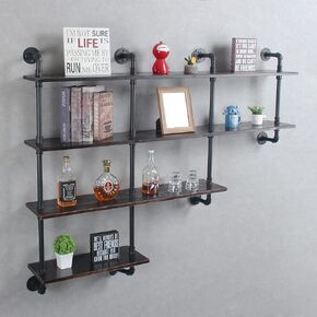 4-Tiers 63inch Industrial Pipe Shelving,Rustic Wooden&Metal Floating Shelves,Home Decor Shelves Wall Mount with Wine Rack,Black