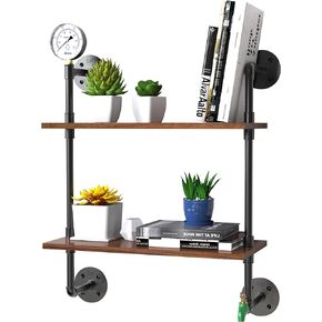 Wall Mounted Pipe Shelf, Rustic Plank Board & Metal Floating Shelves, Wood Hanging Storage Bookshelf, Sturdy Rack for Bedroom, Living Room (2-Tier Pipe bookself)