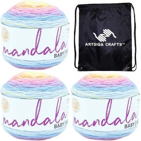 Lion Brand Mandala Baby Rainbow Falls 526-201 (3-Skeins - Same Dye Lot) DK Light Worsted #3 Acrylic Yarn for Crocheting and Knitting - Bundle with 1 Artsiga Crafts Project Bag