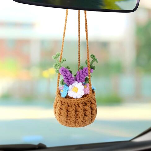 Vansolinne لطيف اكسسوارات السيارات الكروشيه سيارة سلة معلقة لمرآة الرؤية الخلفية ديكور زهرة النبات اكسسوارات السيارات الداخلية الجمالية عشاق النباتات الهدايا للنساء والرجال السائقين in Kuwait