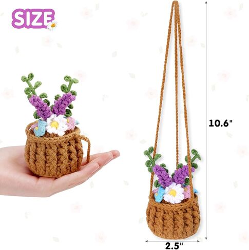 Vansolinne لطيف اكسسوارات السيارات الكروشيه سيارة سلة معلقة لمرآة الرؤية الخلفية ديكور زهرة النبات اكسسوارات السيارات الداخلية الجمالية عشاق النباتات الهدايا للنساء والرجال السائقين in Kuwait