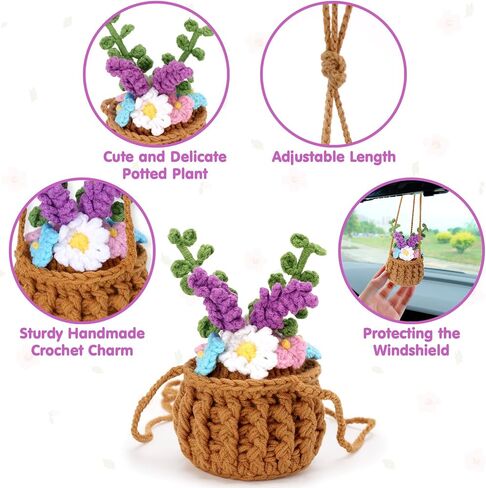 Vansolinne لطيف اكسسوارات السيارات الكروشيه سيارة سلة معلقة لمرآة الرؤية الخلفية ديكور زهرة النبات اكسسوارات السيارات الداخلية الجمالية عشاق النباتات الهدايا للنساء والرجال السائقين in Kuwait
