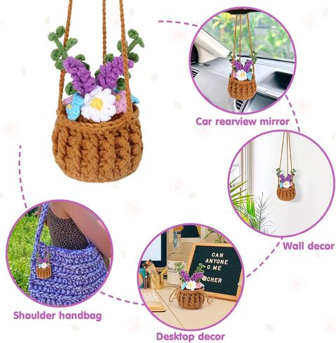 Vansolinne لطيف اكسسوارات السيارات الكروشيه سيارة سلة معلقة لمرآة الرؤية الخلفية ديكور زهرة النبات اكسسوارات السيارات الداخلية الجمالية عشاق النباتات الهدايا للنساء والرجال السائقين in Kuwait