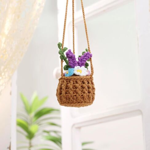 Vansolinne لطيف اكسسوارات السيارات الكروشيه سيارة سلة معلقة لمرآة الرؤية الخلفية ديكور زهرة النبات اكسسوارات السيارات الداخلية الجمالية عشاق النباتات الهدايا للنساء والرجال السائقين in Kuwait