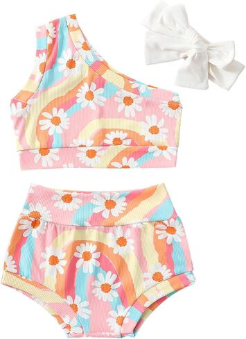 AEEMCEM Infant Toddler Baby Girl Summer Clothes Boho Floral Rainbow One Shoulder Crop Top Shorts Headband 3Pcs Outfit Sets in Saudi Arabia