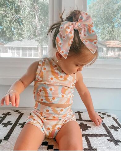 AEEMCEM Infant Toddler Baby Girl Summer Clothes Boho Floral Rainbow One Shoulder Crop Top Shorts Headband 3Pcs Outfit Sets in Saudi Arabia