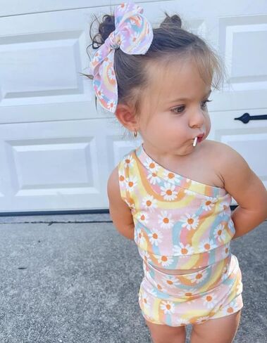 AEEMCEM Infant Toddler Baby Girl Summer Clothes Boho Floral Rainbow One Shoulder Crop Top Shorts Headband 3Pcs Outfit Sets in Saudi Arabia