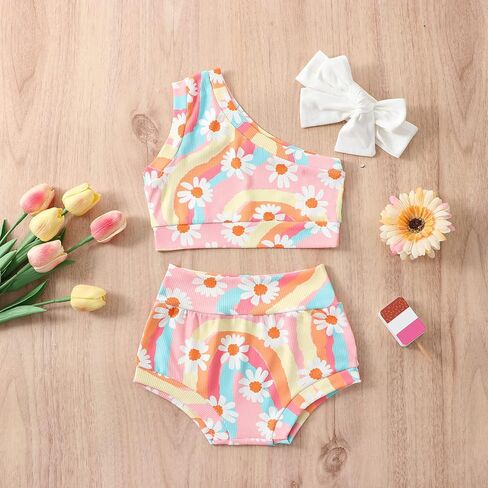 AEEMCEM Infant Toddler Baby Girl Summer Clothes Boho Floral Rainbow One Shoulder Crop Top Shorts Headband 3Pcs Outfit Sets in Saudi Arabia