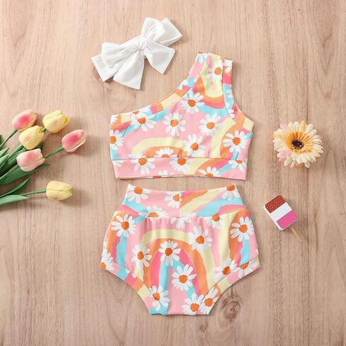 AEEMCEM Infant Toddler Baby Girl Summer Clothes Boho Floral Rainbow One Shoulder Crop Top Shorts Headband 3Pcs Outfit Sets in Saudi Arabia