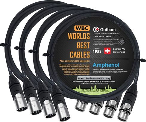 4 Units - 3 Foot - Gotham GAC-4/1 (Black) - Star Quad, Dual Shielded Balanced Male to Female Microphone Cables with Amphenol AX3M & AX3F Silver XLR Connectors - Custom Made by WORLDS BEST CABLES in Saudi Arabia