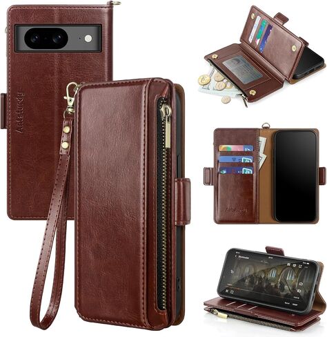 Antsturdy for Google Pixel 8 Wallet Case with Card Holder,Pixel 8 Phone Case PU Leather Flip Protective Cover RFID Blocking Wrist Strap Zipper Credit Card Slots Kickstand Function Men Women,Black in Saudi Arabia