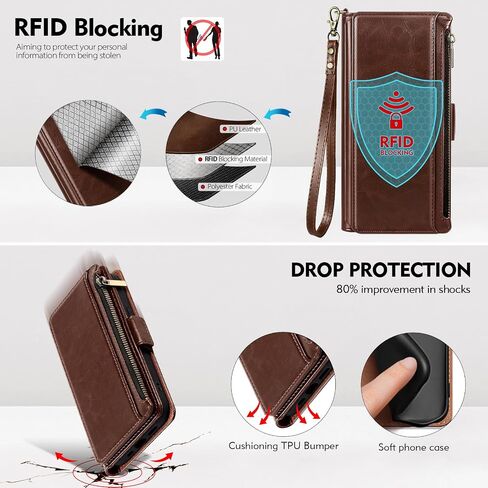 Antsturdy for Google Pixel 8 Wallet Case with Card Holder,Pixel 8 Phone Case PU Leather Flip Protective Cover RFID Blocking Wrist Strap Zipper Credit Card Slots Kickstand Function Men Women,Black in Saudi Arabia