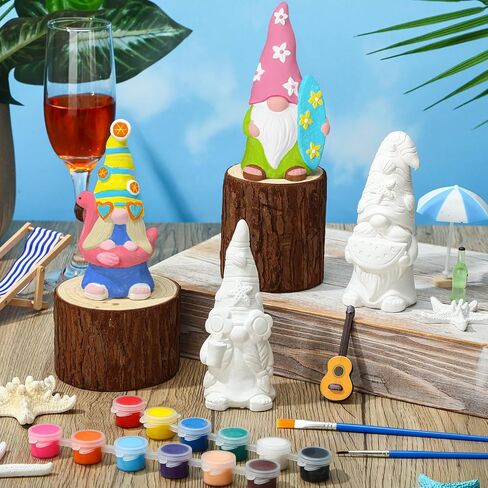 Barydat 4 Pcs Summer Beach Paint Your Own Gnome Statues 5 x 2.36 Inch Blank Ceramics Gnome Figurines Kit DIY Paintable Ready to Paint Ceramics for Adults Unpainted Ceramic Painting Figures for Crafts in Saudi Arabia