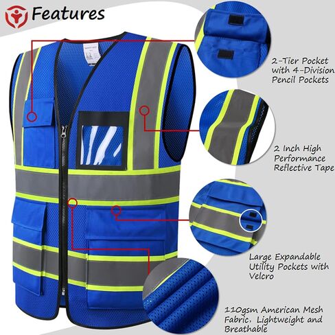 سترة أمان عاكسة عالية الوضوح للرجال والنساء مع جيوب وسحاب أمامي تلبي معايير ANSI/ISEA in Kuwait