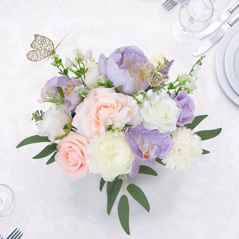 Purple Pink Flowers Artificial 39 pcs Silk Fake Flowers DIY Wedding Decorations Bouquet Centerpieces Table Faux Flowers for Bridal Baby Shower Decor Party Cake Flowers in Saudi Arabia