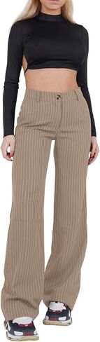 NIMIN سروال عمل مخطط للنساء صيفي غير رسمي عالي الخصر مريح مناسب مستقيم الساق مع جيوب 2024 كاكي صغير in Kuwait