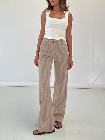 NIMIN سروال عمل مخطط للنساء صيفي غير رسمي عالي الخصر مريح مناسب مستقيم الساق مع جيوب 2024 كاكي صغير in Kuwait