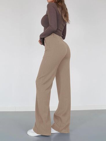 NIMIN سروال عمل مخطط للنساء صيفي غير رسمي عالي الخصر مريح مناسب مستقيم الساق مع جيوب 2024 كاكي صغير in Kuwait