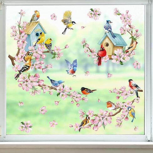 wondever Spring Summer Cherry Blossom Birds Window Clings Pink Flowers Birdhouse Glass Sticker Decal Anti Collision Double-Side Static Window Decals for Home Glass Window in Saudi Arabia