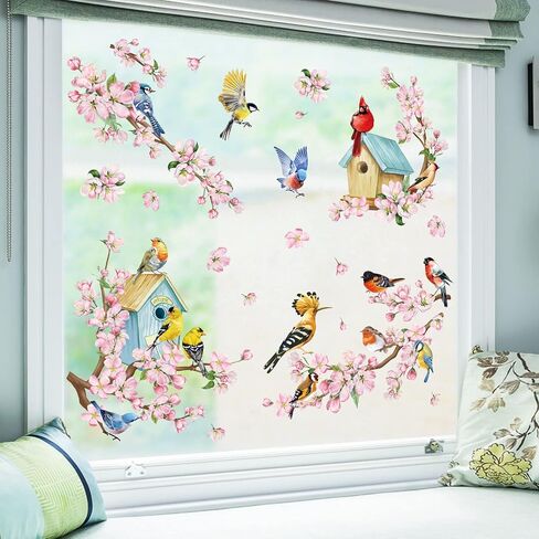 wondever Spring Summer Cherry Blossom Birds Window Clings Pink Flowers Birdhouse Glass Sticker Decal Anti Collision Double-Side Static Window Decals for Home Glass Window in Saudi Arabia
