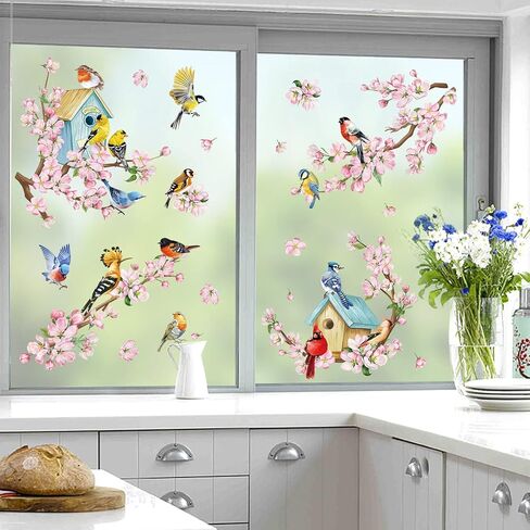 wondever Spring Summer Cherry Blossom Birds Window Clings Pink Flowers Birdhouse Glass Sticker Decal Anti Collision Double-Side Static Window Decals for Home Glass Window in Saudi Arabia