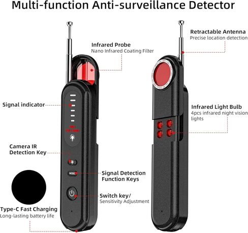 Hidden Camera Detector, Counter-spy Detector, Bug Detector, Camera Detector, GPS Detector, RF Signal Detector, IR + Full Band Wireless Signal Detection, 6 Levels of Sensitivity in Kuwait
