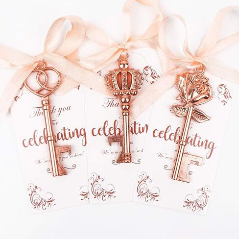 OurWarm 30pcs Key Bottle Opener Wedding Favors with Tags, Rose Gold Skeleton Key Bottle Opener Favors for Bridal Shower Party Wedding Decorations or Souvenirs for Guests Bulk, 3 Styles in Saudi Arabia