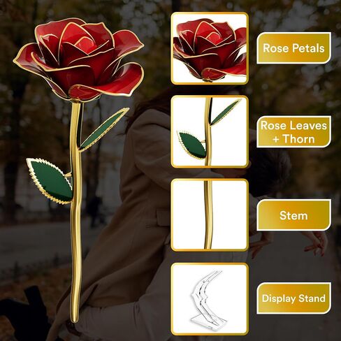 Red Mothers Day Rose Long Stem 24K Gold Plated Preserved Rose with Stand & Certificate - Red Rosees for Birthday for Women, Mom - Stunning Gift for Valentines Day - Eternal Beauty in Saudi Arabia