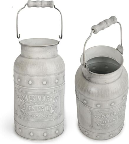 دلو أنيق بتصميم أنيق مجلفن بلمسة نهائية معدنية مزهرية ريفية بدائية حامل زهور مزخرف للمنزل والمكتب والحديقة، 9.5 بوصة ارتفاع in Kuwait