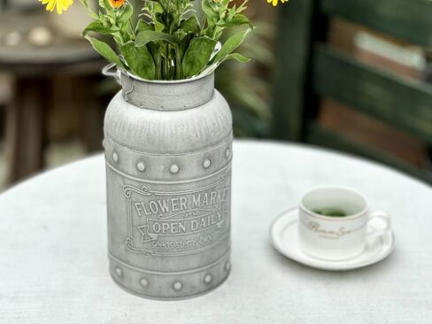 دلو أنيق بتصميم أنيق مجلفن بلمسة نهائية معدنية مزهرية ريفية بدائية حامل زهور مزخرف للمنزل والمكتب والحديقة، 9.5 بوصة ارتفاع in Kuwait