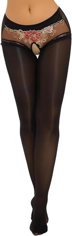 Womens Ultra Thin Oil Glossy Crotchless Pantyhose See-Through Lace Patchwork Sheer Stockings in Saudi Arabia