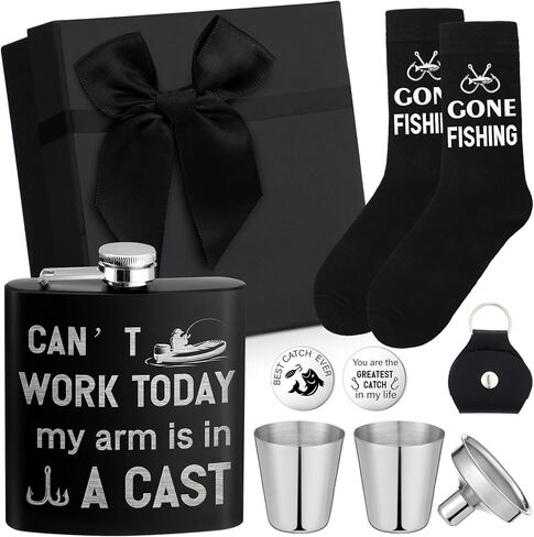 هدايا الصيد للرجال مضحك الصيد النص الجوارب قارورة من الفولاذ المقاوم للصدأ جيب عناق رمز هدية مجموعة للرجال عاشق الأسماك عيد الأب in Kuwait
