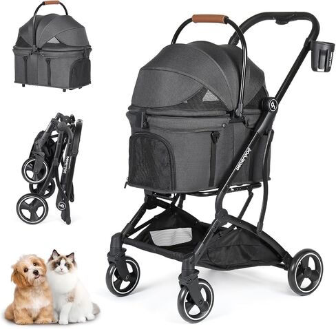 T3 3 in 1 Small Pet Stroller Dog Stroller Pet Stroller for Cats, 4 Wheels Stroller for Dogs with Detachable Carrier with Pad, Canopy and Cup Holder, Beige in Saudi Arabia