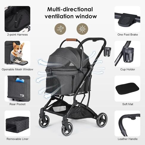 T3 3 in 1 Small Pet Stroller Dog Stroller Pet Stroller for Cats, 4 Wheels Stroller for Dogs with Detachable Carrier with Pad, Canopy and Cup Holder, Beige in Saudi Arabia