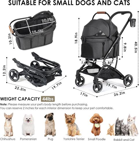 T3 3 in 1 Small Pet Stroller Dog Stroller Pet Stroller for Cats, 4 Wheels Stroller for Dogs with Detachable Carrier with Pad, Canopy and Cup Holder, Beige in Saudi Arabia